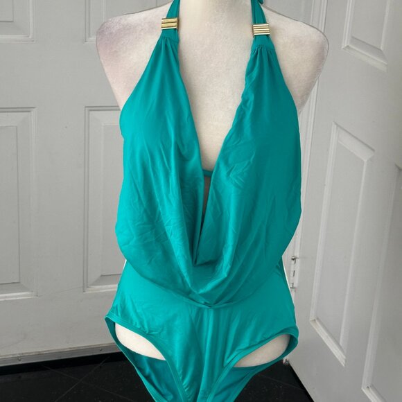 Bar III Turquoise One-Piece Monokini Swimsuit M Cowl Neck Cutout Gold Hardware - Picture 3 of 14